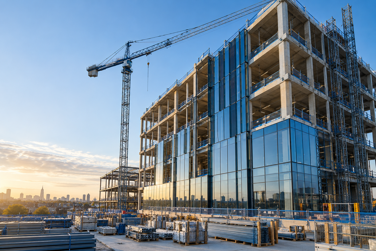 Illustrative modern construction site with a crane, concrete structure and glass façade