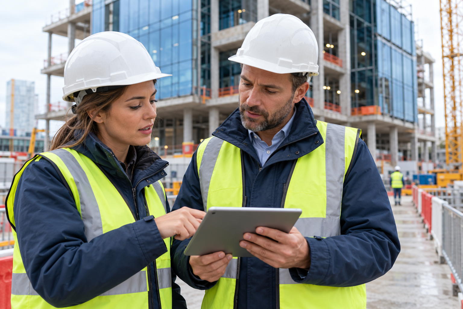 Illustrative construction professionals reviewing information on a tablet at a building site