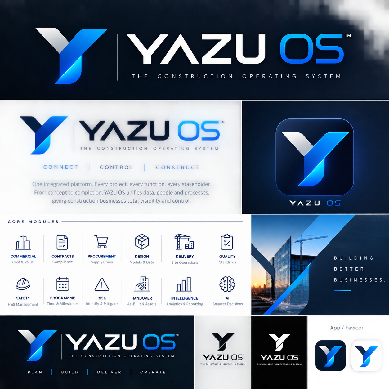 YAZU OS brand strategy board, showing approved identity, construction lifecycle and core modules